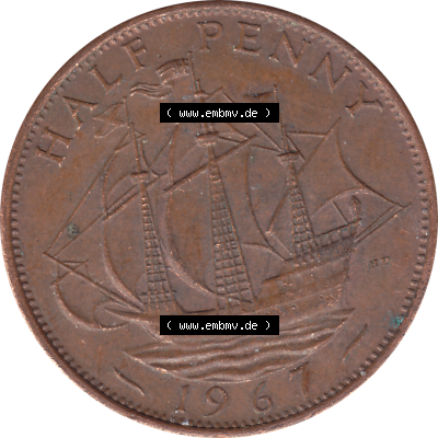 Münzen Großbritannien Umlaufmünzen Sammlung in PNG Großbritannien 1954-1970, Half Penny, Halber Pence 1967-01, Elisabeth II. (6) - Digitales Münzen-Bildmaterial... Sammlung
