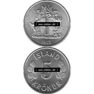 Alte Münze Island Umlaufmünze 1969-1980, 5 Kronur, Fünf Kronen 1973-01 Graustufen. Vorderseite und Rückseite in Graustufen der Münze aus Island, vertikal... Sammlung