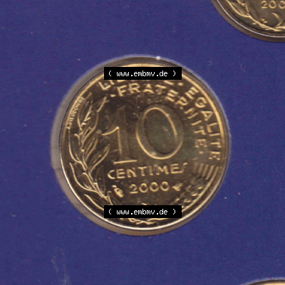 Münze Frankreich Umlaufmünzen Sammlung in PNG 2000, 10 Centimes (1) - Digitales Münzen-Bildmaterial einer französischen Francs Münze aus Frankreich in farbige mit... Sammlung