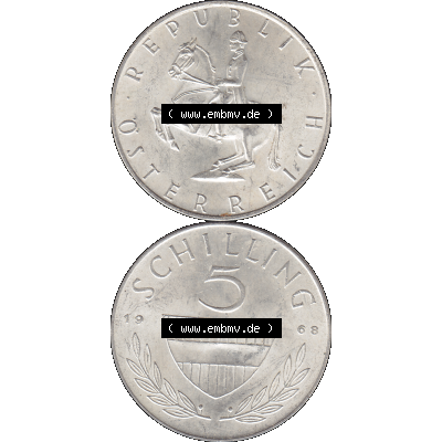 Alte Münze 5 / Fünf Schilling Österreich in original Farbgebung von Scanner transparenten PNG 1960-1968, 5 Fünf Schilling 1968-01, 5,20 Gramm 640er Silber,... Sammlung