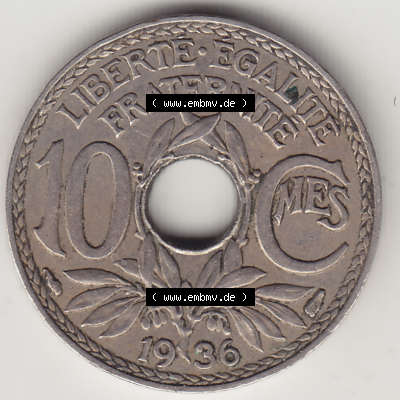 Münze Frankreich Umlaufmünzen Sammlung in PNG 1917-1938, 10 Centimes - Cmes 1936 (2) - Digitales Münzen-Bildmaterial einer französischen Francs Münze aus Frankreich... Sammlung