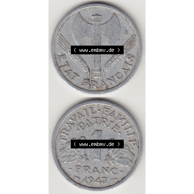 Münze Frankreich Umlaufmünzen Sammlung in PNG 1942-1944, 1 Franken - Francs 1943-2 (4) - Digitales Münzen-Bildmaterial einer französischen Francs Münze aus Frankreich... Sammlung