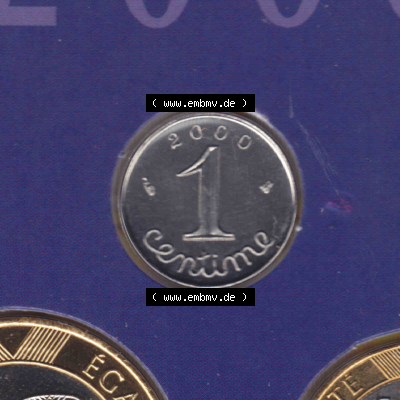 Münze Frankreich Umlaufmünzen Sammlung in PNG 2000, 1 Centime (1) - Digitales Münzen-Bildmaterial einer französischen Francs Münze aus Frankreich in farbige mit... Sammlung