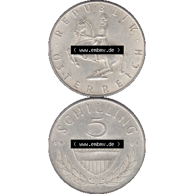 Alte Münze 5 / Fünf Schilling Österreich in original Farbgebung von Scanner transparenten PNG 1960-1968, 5 Fünf Schilling 1961-01, 5,20 Gramm 640er Silber,... Sammlung