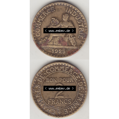 Münze Frankreich Umlaufmünzen Sammlung in PNG 1920-1927, 2 Franken 1925-1, BON POUR 2 FRANCS CHAMBRES DE COMMERCE DE FRANCE (4) - Digitales Münzen-Bildmaterial einer... Sammlung