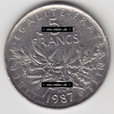 Münze Frankreich Umlaufmünzen Sammlung in PNG 1970-2001, 5 Francs Liberte Egalite Fraternite (1) - Digitales Münzen-Bildmaterial einer französischen Francs Münze... Sammlung