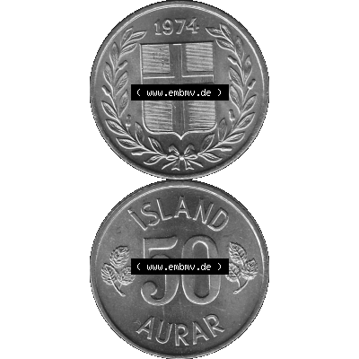 Alte Münze Island Umlaufmünze 1969-1974, 50 Aurar 1974-01, 50 Isländische Aurar Graustufen. Vorderseite und Rückseite in Graustufen der Münze aus Island,... Sammlung