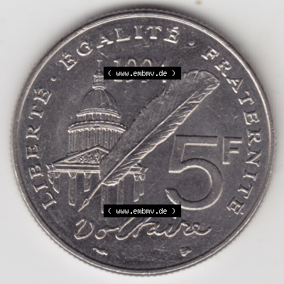 Münze Frankreich Umlaufmünzen Sammlung in PNG 1994-1994, 5 Francs Liberte Egalite Fraternite (1) - Digitales Münzen-Bildmaterial einer französischen Francs Münze... Sammlung