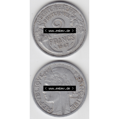 Münze Frankreich Umlaufmünzen Sammlung in PNG 1941-1959, 2 Francs, Franken 1947 (4) - Digitales Münzen-Bildmaterial einer französischen Francs Münze aus Frankreich... Sammlung