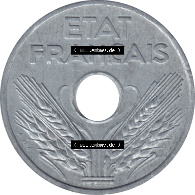Münze Frankreich Umlaufmünzen Sammlung in PNG 1941-1941, VINGT 20 Centimes, Cent-01 (6) - Digitales Münzen-Bildmaterial einer französischen Francs Münze aus... Sammlung