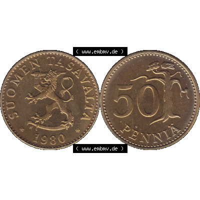 Alte Münzen KMS Finnland, Kursmünzensatz 1980 in Stempelglanz als digitales Computerbild in transparenten PNG 1963-1990, 50 Penny Fünfzig Penniä 1980-01, SUOMEN TASAVALTA.... Sammlung
