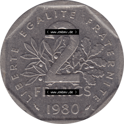 Münze Frankreich Umlaufmünzen Sammlung in PNG 1979-2001, 2 Francs Säerin Semeuse 1980-01 (5) - Digitales Münzen-Bildmaterial einer französischen Francs Münze... Sammlung