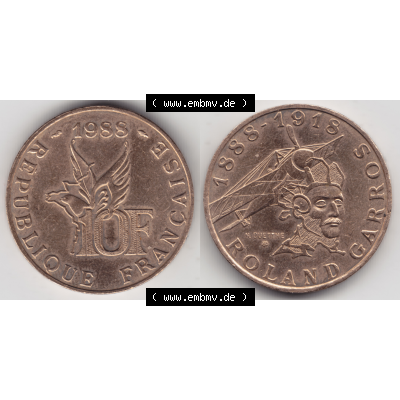Münze Frankreich Umlaufmünzen Sammlung in PNG 1988-1988, 10 Francs Roland Garros (3) - Digitales Münzen-Bildmaterial einer französischen Francs Münze aus Frankreich... Sammlung