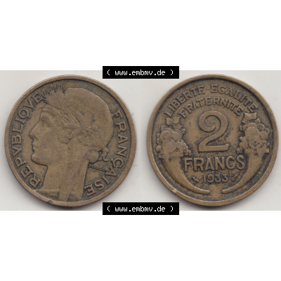 Münze Frankreich Umlaufmünzen Sammlung in PNG 1931-1941, 2 Franken 1933-1 LIBERTE EGALITE FRATERNITE (3) - Digitales Münzen-Bildmaterial einer französischen Francs Münze... Sammlung