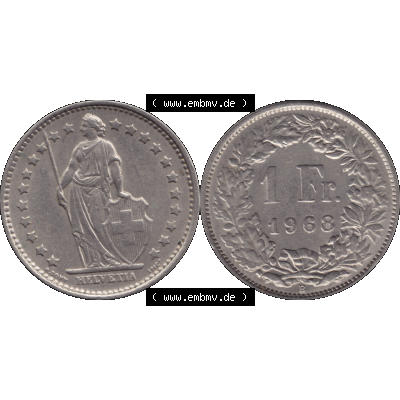 Alte Münze Schweiz in original Farbgebung vom Scanner transparenten PNG 1968-1982, 1 Franken B 1968-03. Vorderseite und Rückseite der Münze aus der Schweiz horizontal auf einen... Sammlung