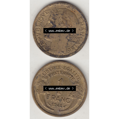 Münze Frankreich Umlaufmünzen Sammlung in PNG 1931-1941, 1 Franken, 1 Franc, 1941-1 LIBERTE EGALITE FRATERNITE (4) - Digitales Münzen-Bildmaterial einer französischen... Sammlung