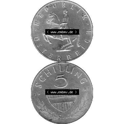 Alte Münze 5 / Fünf Schilling Österreich in s/w Schwarzweiß bzw. Graustufen Farbgebung von Scanner transparenten PNG 1960-1968, 5 Fünf Schilling 1967-01,... Sammlung