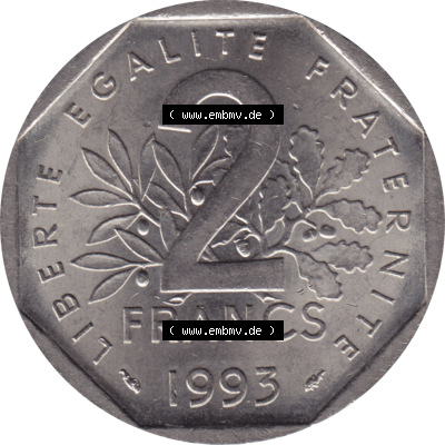 Münze Frankreich Umlaufmünzen Sammlung in PNG 1993-1993, 2 Francs Jean Moulin 1993-01 (5) - Digitales Münzen-Bildmaterial einer französischen Francs Münze aus Frankreich... Sammlung