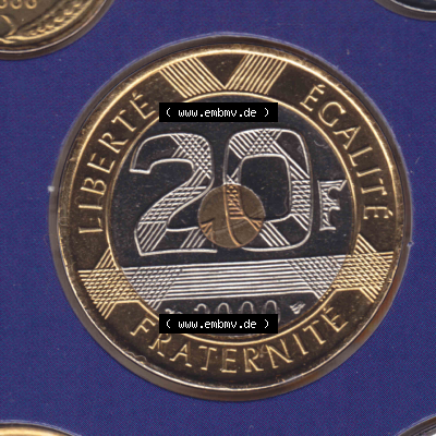 Münze Frankreich aus KMS Umlaufmünzen Sammlung in PNG 2000, 20 Francs (1) - Digitales Münzen-Bildmaterial einer französischen Francs Münze aus Frankreich aus KMS... Sammlung