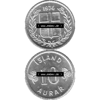 Alte Münze Island Umlaufmünze 1970-1974, 10 Aurar, Zehn Aura 1974-01 Graustufen. Vorderseite und Rückseite in Graustufen der Münze aus Island, vertikal auf... Sammlung