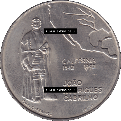 Alte Gedenkmünze aus Portugal als PNG-Grafik 1992, 200 Escudos, California 1542, Joao Rodrigues Cabrilho. Rückseite der portugiesischen 200 Escudos Gedenkmünze aus... Sammlung