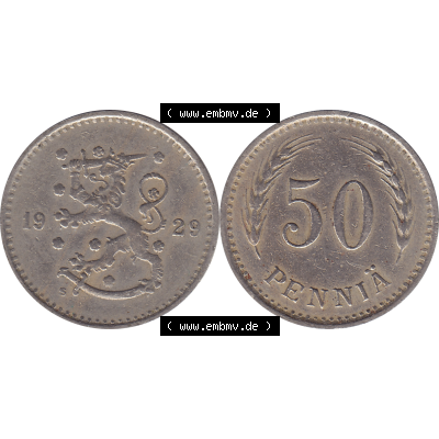Münze Finnland / SUOMI Umlaufmünzen Sammlung in PNG 1921-1940, 50 Penny, Penniä 1929 (7) - Digital Münzen-Bildmaterial einer Münze aus Finnland in farbige... Sammlung