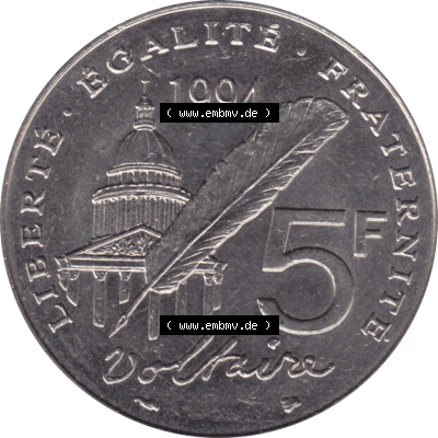 Münze Frankreich Umlaufmünzen Sammlung in PNG 1994-1994, 5 Francs Liberte Egalite Fraternite 1994-01 (5) - Digitales Münzen-Bildmaterial einer französischen Francs Münze... Sammlung