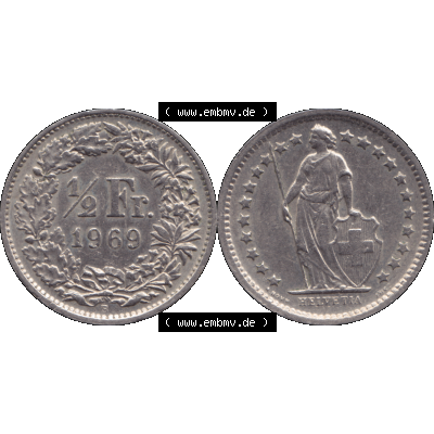 Alte Münze Schweiz in original Farbgebung vom Scanner transparenten PNG 1968-1982, 1/2 (halber) Franken B 1969-01. Erst die Rückseite Links und dann die Vorderseite... Sammlung