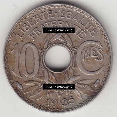 Münze Frankreich Umlaufmünzen Sammlung in PNG 1917-1938, 10 Centimes - Cmes 1935-1 (2) - Digitales Münzen-Bildmaterial einer französischen Francs Münze aus Frankreich... Sammlung