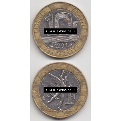 Münze Frankreich Umlaufmünzen Sammlung in PNG 1991, 10 Francs (4) - Digitales Münzen-Bildmaterial einer französischen Francs Münze aus Frankreich in farbige mit... Sammlung