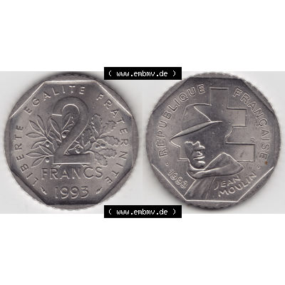 Münze Frankreich Umlaufmünzen Sammlung in PNG 1993-1993, 2 Francs Jean Moulin (3) - Digitales Münzen-Bildmaterial einer französischen Francs Münze aus Frankreich... Sammlung