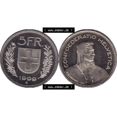 Alte Münze KMS Schweiz in original Farbgebung vom Scanner transparenten PNG 1994-2018, 5 Franken 1999. Erst die Rückseite Links und dann die Vorderseite Rechts der Münze aus... Sammlung