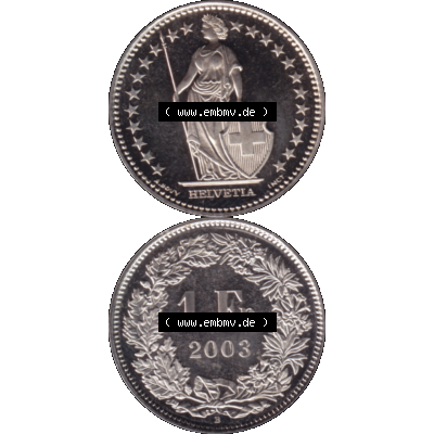 Alte Münze KMS Schweiz in original Farbgebung vom Scanner transparenten PNG 1983-2018, 1 Franken 2003. Vorderseite und Rückseite der Münze Umlaufmünze / Kursmünze... Sammlung