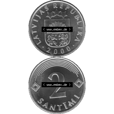 Alte Münze Lettland Umlaufmünze 1992-2009, 2 Santimi 2000-01, VS Staatswappen, RS. Wert-Zahl Graustufen. Vorderseite und Rückseite in Graustufen der Münze... Sammlung