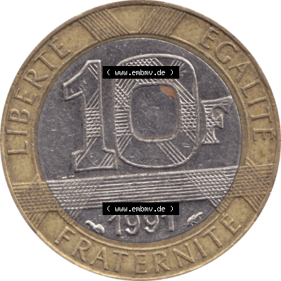 Münze Frankreich Umlaufmünzen Sammlung in PNG 1991-1991, 10 Francs-01 1991-01 (5) - Digitales Münzen-Bildmaterial einer französischen Francs Münze aus Frankreich... Sammlung