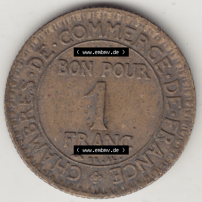 Münze Frankreich Umlaufmünzen Sammlung in PNG 1920-1927, 1 Franken BON POUR 1 FRANC 1927 (2) - Digitales Münzen-Bildmaterial einer französischen Francs Münze aus... Sammlung