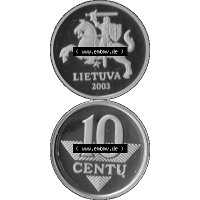 Alte Münze Litauen Kursmünzensatz 1997-2014, 10 Centu 2003-01 Graustufen. Vorderseite und Rückseite in Graustufen der litauischen KMS-Münze 2003, vertikal auf einen... Sammlung