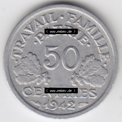 Münze Frankreich Umlaufmünzen Sammlung in PNG 1942-1944, 50 Centimes, Cent 1942 (1) - Digitales Münzen-Bildmaterial einer französischen Francs Münze aus Frankreich... Sammlung