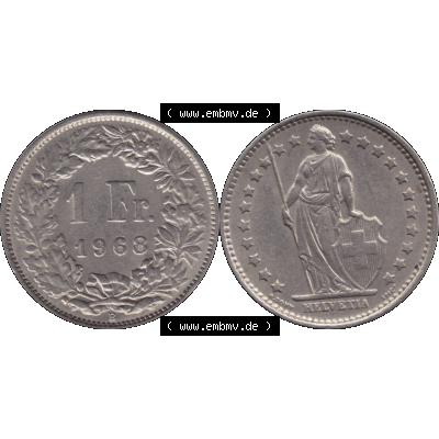 Alte Münze Schweiz in original Farbgebung vom Scanner transparenten PNG 1968-1982, 1 Franken B 1968-03 (15). Digitales Münzen-Bildmaterial der 1/Ein Franken Münze... Sammlung