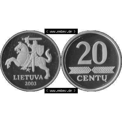 Alte Münze Litauen Kursmünzensatz 1997-2014, 20 Centu 2003-01 Graustufen. Vorderseite und Rückseite der Münze / Kursmünze aus Münzensatz / KMS 2003,... Sammlung