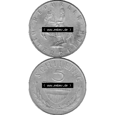 Alte Münze 5 / Fünf Schilling Österreich in s/w Schwarzweiß bzw. Graustufen Farbgebung von Scanner transparenten PNG 1960-1968, 5 Fünf Schilling 1961-02,... Sammlung