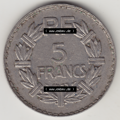 Münze Frankreich Umlaufmünzen Sammlung in PNG 1933-1938, 5 Franken - Francs RF 1933 (2) - Digitales Münzen-Bildmaterial einer französischen Francs Münze aus Frankreich... Sammlung