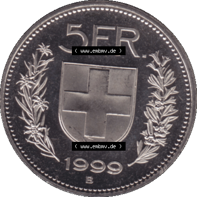 Alte Münze KMS Schweiz in original Farbgebung vom Scanner transparenten PNG 1994-2018, 5 Franken 1999. Rückseite mit Nominal-Wert der Schweizer Münze, zum katalogisieren... Sammlung