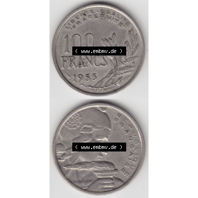 Münze Frankreich Umlaufmünzen Sammlung in PNG 1954-1958; 100 Francs, Franken Typ I. 1955 (4) - Digitales Münzen-Bildmaterial einer französischen Francs Münze... Sammlung