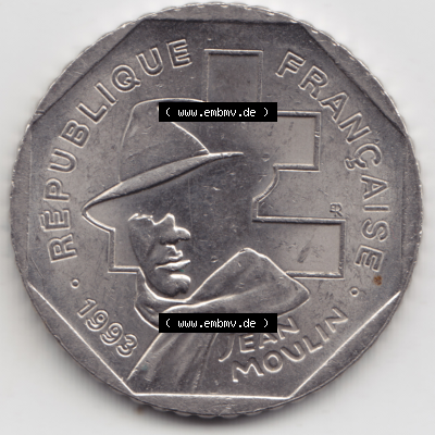 Münze Frankreich Umlaufmünzen Sammlung in PNG 1993-1993, 2 Francs Jean Moulin (2) - Digitales Münzen-Bildmaterial einer französischen Francs Münze aus Frankreich... Sammlung