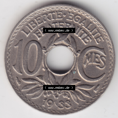 Münze Frankreich Umlaufmünzen Sammlung in PNG 1917-1938, 10 Centimes, Cent 1933 (1) - Digitales Münzen-Bildmaterial einer französischen Francs Münze aus Frankreich... Sammlung
