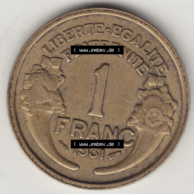 Münze Frankreich Umlaufmünzen Sammlung in PNG 1931-1941, 1 Franken, 1 Franc, 1931-1 LIBERTE EGALITE FRATERNITE (2) - Digitales Münzen-Bildmaterial einer französischen... Sammlung