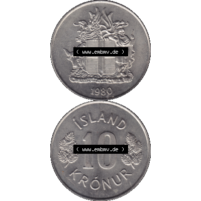 Alte Münze Island Umlaufmünze 1967-1980, 10 Kronur, Kronen 1980-01. Vorderseite und Rückseite der Münze, Umlaufmünze / Kursmünze Island vertikal... Sammlung