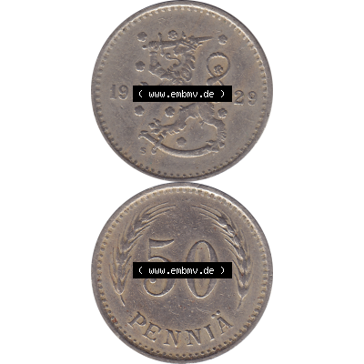Münze Finnland / SUOMI Umlaufmünzen Sammlung in PNG 1921-1940, 50 Penny, Penniä 1929 (8) - Digital Münzen-Bildmaterial einer Münze aus Finnland in farbige... Sammlung