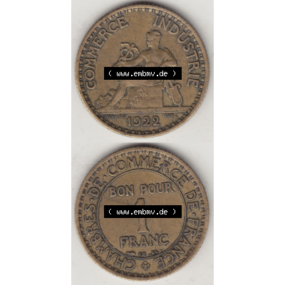 Münze Frankreich Umlaufmünzen Sammlung in PNG 1922-1927, 1 Franken, BON POUR One Franc, 1922-2 CHAMBRES DE COMMERCE DE FRANCE (4) - Digitales Münzen-Bildmaterial... Sammlung